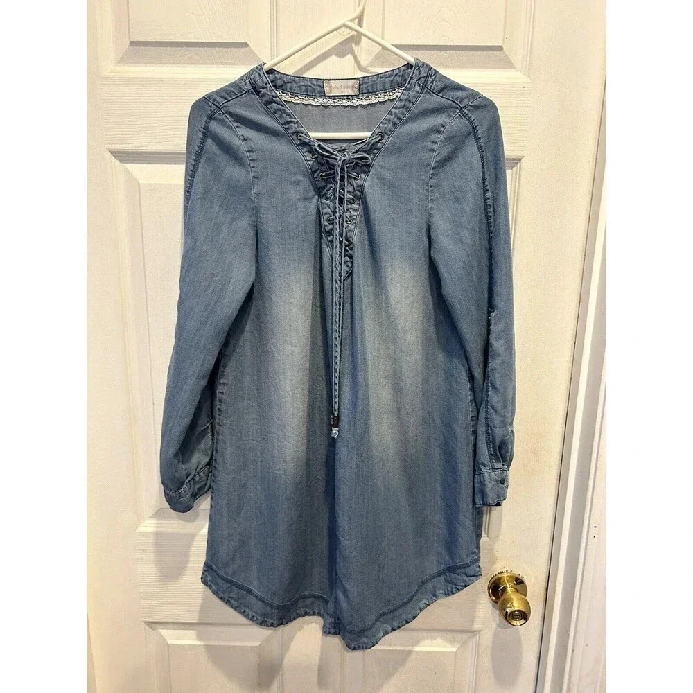 Altar’d State Tie Panel Chambray V-Neck Roll Tab Long Sleeves Dress Medium